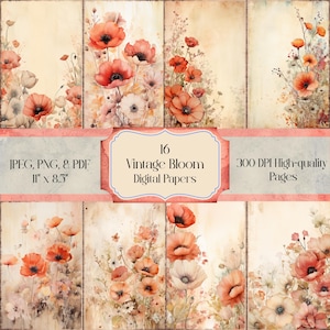 Vintage Floral Junk Journal Seiten | 16 Druckbare Papiere | Mohnblumen Ephemera Kit | Sofort Download - Vintage druckbares Papier, Scrapbook