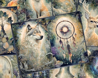 Moonlit Grove Junk Journal Pages – digitaal fantasiepapier, mystieke collagekit, afdrukbare ephemera bosdieren, natuur plakboekpapier