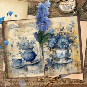 Páginas de diário com estampa floral azul, papelaria vintage para impressão, itens efêmeros chiques e surrados, papel digital botânico, conjunto floral grunge estético