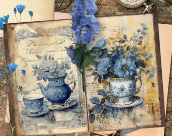Blue Floral Junk Journal Pages, Vintage Printable Stationery, Shabby Chic Ephemera, Botanical Digital Paper, Grunge Floral Set Aesthetic