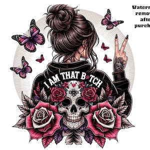 Diseño de camiseta PNG "Soy esa perra", arte humorístico sarcástico y descarado de calaveras de azúcar con flores latinas, signo de la paz de acuarela de mariposa, descarga digital