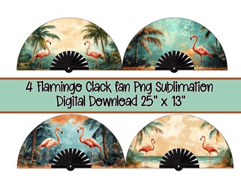 May include: Four decorative hand fans with a flamingo theme. Each fan features a black handle and a watercolor design of pink flamingos, palm trees, and a tropical landscape. The text on the image reads "4 Flamingo Clack fan Png Sublimation Digital Download 25" x 13"."
