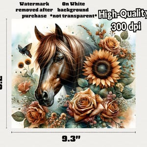 May include: A digital painting of a brown horse's head with a sunflower and roses. The horse is looking to the left and the flowers are in the background. The background is a watercolor wash of blue and white.