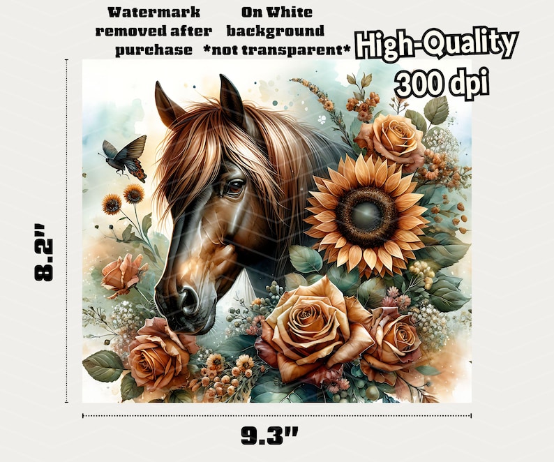 May include: A digital painting of a brown horse's head with a sunflower and roses. The horse is looking to the left and the flowers are in the background. The background is a watercolor wash of blue and white.