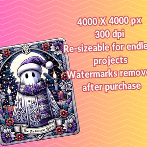 May include: A digital illustration of a ghost wearing a purple and white scarf and a Santa hat. The ghost is surrounded by flowers, candles, and presents. The text "The Christmas Spirit" is at the bottom of the image.