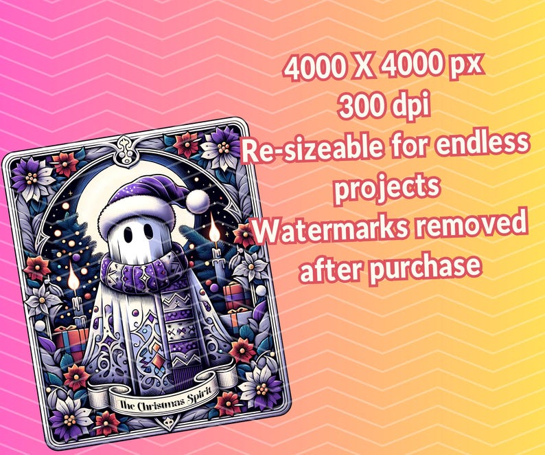 May include: A digital illustration of a ghost wearing a purple and white scarf and a Santa hat. The ghost is surrounded by flowers, candles, and presents. The text "The Christmas Spirit" is at the bottom of the image.