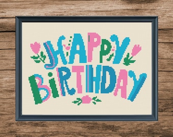 Modèle de point de croix joyeux anniversaire : lot BOGO coloré (PDF numérique)