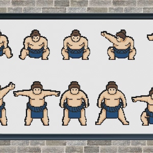May include: A digital illustration of eight sumo wrestlers in various poses. The wrestlers are drawn in a pixelated style and are wearing traditional blue and white sumo outfits.