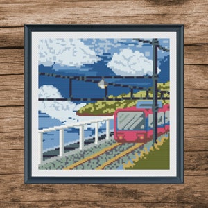 Compre 1 e ganhe 1 padrão de ponto cruz de trem grátis, mar, gráfico de ponto cruz contado de ferrovia realista tradicional, transporte, download instantâneo PDF