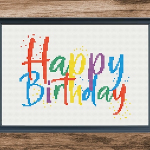 Colorful Happy Birthday Cross stitch pattern, Gift idea, For boy and girl, Wall decor counted cross stitch chart, Digital PDF pattern