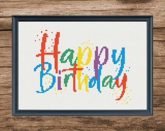 Patrón de punto de cruz "Feliz cumpleaños" colorido (PDF digital)