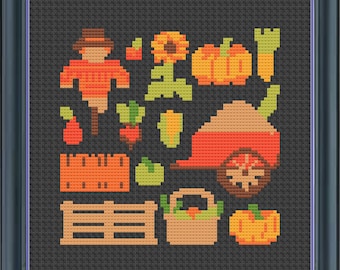 Farm Cross Stitch Pattern: Scarecrow & Garden Motifs (Digital Download)