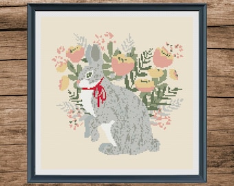 Rabbit & Flowers Cross Stitch Pattern, Animal Embroidery (Digital PDF)