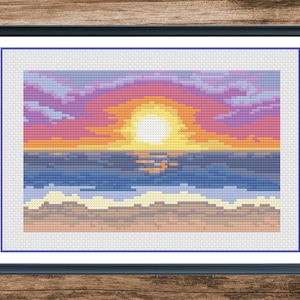 Buy 1 Get 1 Free Sunset and Hello Summer Cross Stitch, Sea View, Beach and Sea Landscape, Instant download PDF, Digital cross stitch chart