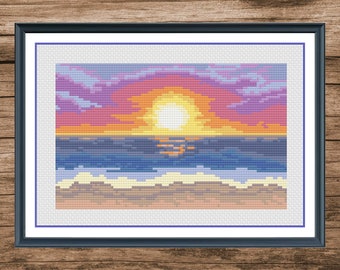 Buy 1 Get 1 Free Sunset and Hello Summer Cross Stitch, Sea View, Beach and Sea Landscape, Instant download PDF, Digital cross stitch chart