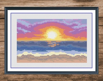 Motif de point de croix Coucher de soleil et bonjour l'été : vue sur la plage et la mer (téléchargement PDF)