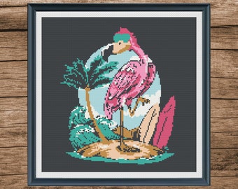 Modèle de point de croix flamants roses et oiseaux : téléchargement numérique tropical