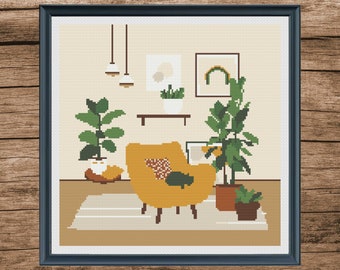 Vintage Living Room Cross Stitch Pattern: Modern Home Decor (Digital Download)