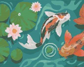 Koi Fish and Lotus Pond Counted Cross Stitch Pattern (Digital Download)