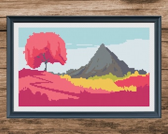 Modèle de point de croix arbre rose coucher de soleil paysage (téléchargement numérique)