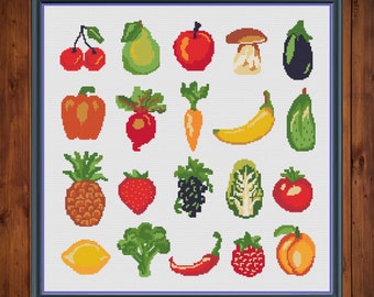Mini Fruits & Veggies Cross Stitch Pattern: Healthy Food (Digital Download PDF)