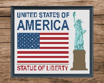 Modèle de point de croix Statue de la liberté et château : monuments des États-Unis (fichier numérique)