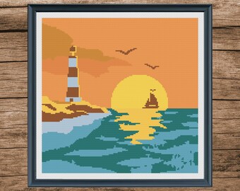 Lighthouse Cross Stitch Pattern: Sunset Ocean View (Digital Download)