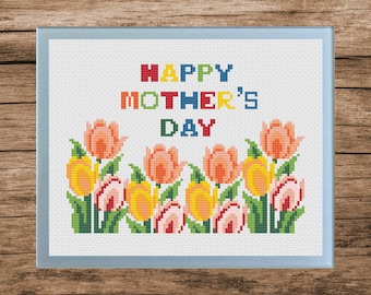 Mother's Day Cross Stitch Pattern: Mom & Kid, Floral (Digital File)
