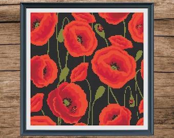 Poppy and Spring Flower Cross Stitch Pattern: Floral Embroidery (Digital file)