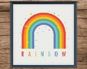 Rainbow Cross Stitch Pattern, Clouds and Hearts (Digital PDF Pattern)