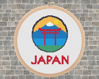 Modèle de point de croix Fuji Mountain Torii Gate : paysage japonais (téléchargement numérique)