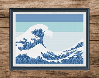 Modèle de point de croix vague : Japon et paysage marin (téléchargement numérique)