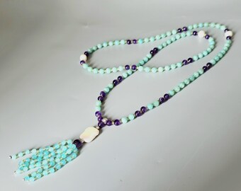 Amazonite, Amethyst, Peridot & Pearl Mala