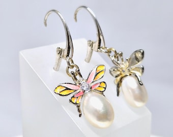 Enamelled Butterfly Pearl, Topaz and 925 Sterling Silver Earrings