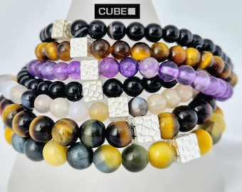 Sterling Silver CUBE Bracelets: Natural Gemstones, Elasticated, Large Wrist Sizes