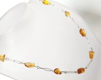 Citrine Sterling Silver Necklace: Faceted Tumble Gemstone, Paper Clip Chain