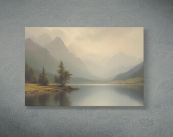 Canvas Wall Art, Tranquil Mountain Lake Scene, 19th Century Romantic Landscape Painting, Earthy Greens, Muted Browns, Delicate Brushwork