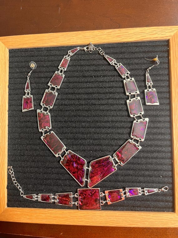 Red Abalone Shell Rectangle Earrings, Bracelet an… - image 1