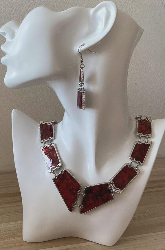 Red Abalone Shell Rectangle Earrings, Bracelet an… - image 9