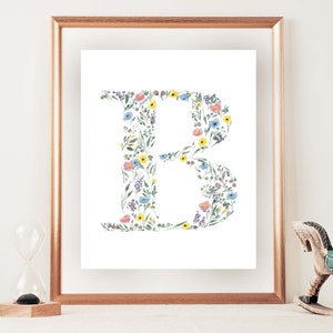 Letra floral B imprimible, Arte de hojas florales digitales, Arte de pared del dormitorio, Regalos de nombre B, Regalo de baby shower, Regalo para B, Regalos de arte, Decoración de la habitación