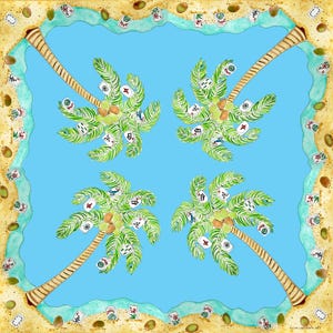 May include: Square watercolor design featuring four palm trees with green fronds and coconuts, set against a light blue background. The trees are surrounded by a sandy beach border with scattered Mahjong tiles and green pebbles.