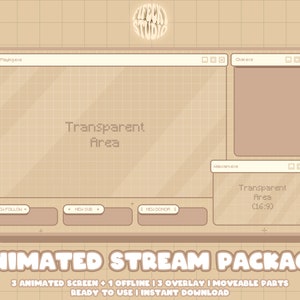 Può includere: Pacchetto di streaming animato con uno schema di colori beige e marrone. Il pacchetto include 3 schermate animate, 1 schermata offline, 13 sovrapposizioni e parti mobili. Il testo "Area trasparente" appare nell'immagine.
