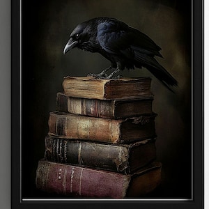 Impressão de pilha de livros Raven: Arte de parede gótica dark academia (Download digital, 7 tamanhos)