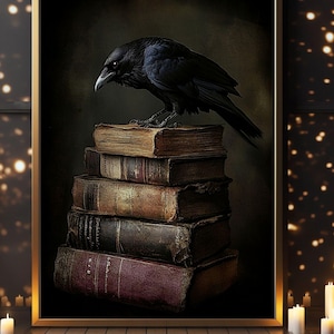 Raben Bücher Stapel Print: Gothic Dark Academia Wandbild (Digitaler Download, 7 Größen)