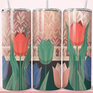May include: Three stainless steel insulated tumblers with a floral design. The design features red, green, blue, and peach-colored tulips with green stems and leaves against a light pink background. Each tumbler has a silver lid and a clear straw.