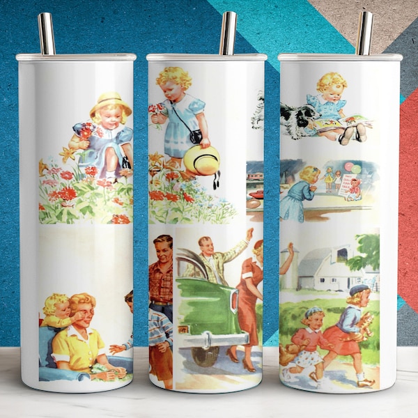 Dick, Jane & Sally Vintage Illustrations Tumbler Sublimation Wrap, 20 and 30 oz, Skinny, Tapered, Great Gift for Teachers, Baby Boomers