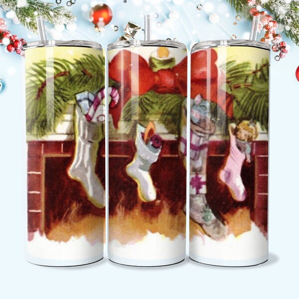 Vintage Christmas Stockings Tumbler - 1940s Illustration, Sublimation Wrap 20oz 30oz, Holiday Decor, Unique Gift Idea