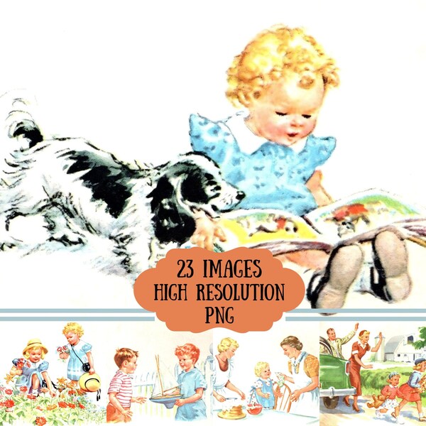 Dick Jane & Sally Vintage Illustrations 1950s, 3 Sizes Plus Ephemera, scrapbooking, junk journals, wall art, cards, nostalgia, teacher gifts