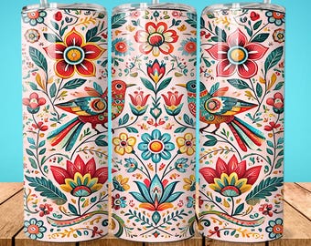 Spring Folk Art Tumbler Sublimation Wrap 20oz Skinny Instant Download, Boho Decor, Commercial Use, Seamless