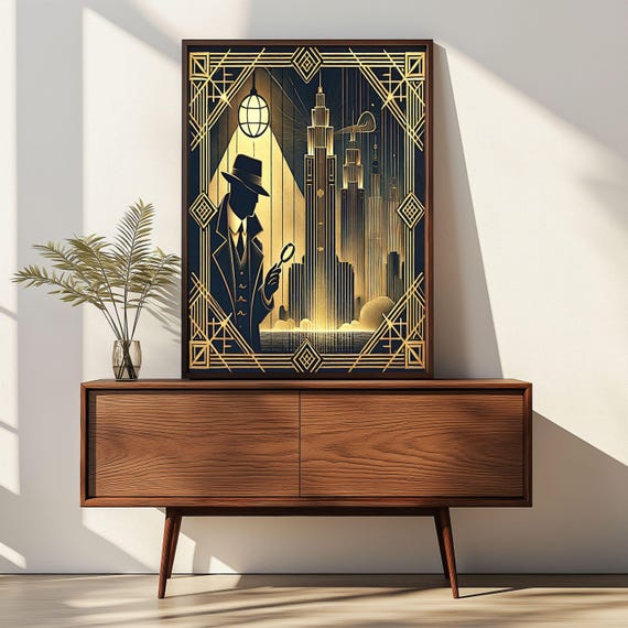 Art Deco Detective Cityscape Print: Noir Mystery Wall Art (digital